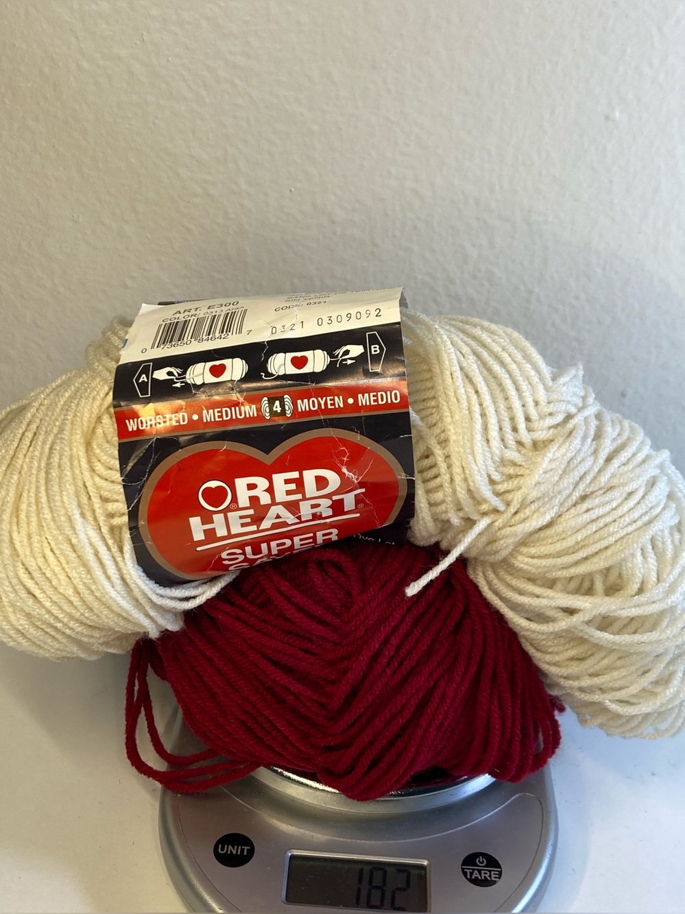 180+ g Red Heart Leftovers Yarn Bundle in White and Deep Red